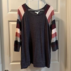 Market & Spruce Charcoal Scoop Neck Sweater with Striped Raglan Sleeves